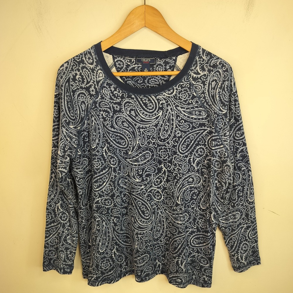 Chaps Women's Paisley Top Size 1X Long Sleeve Navy Cotton Tee